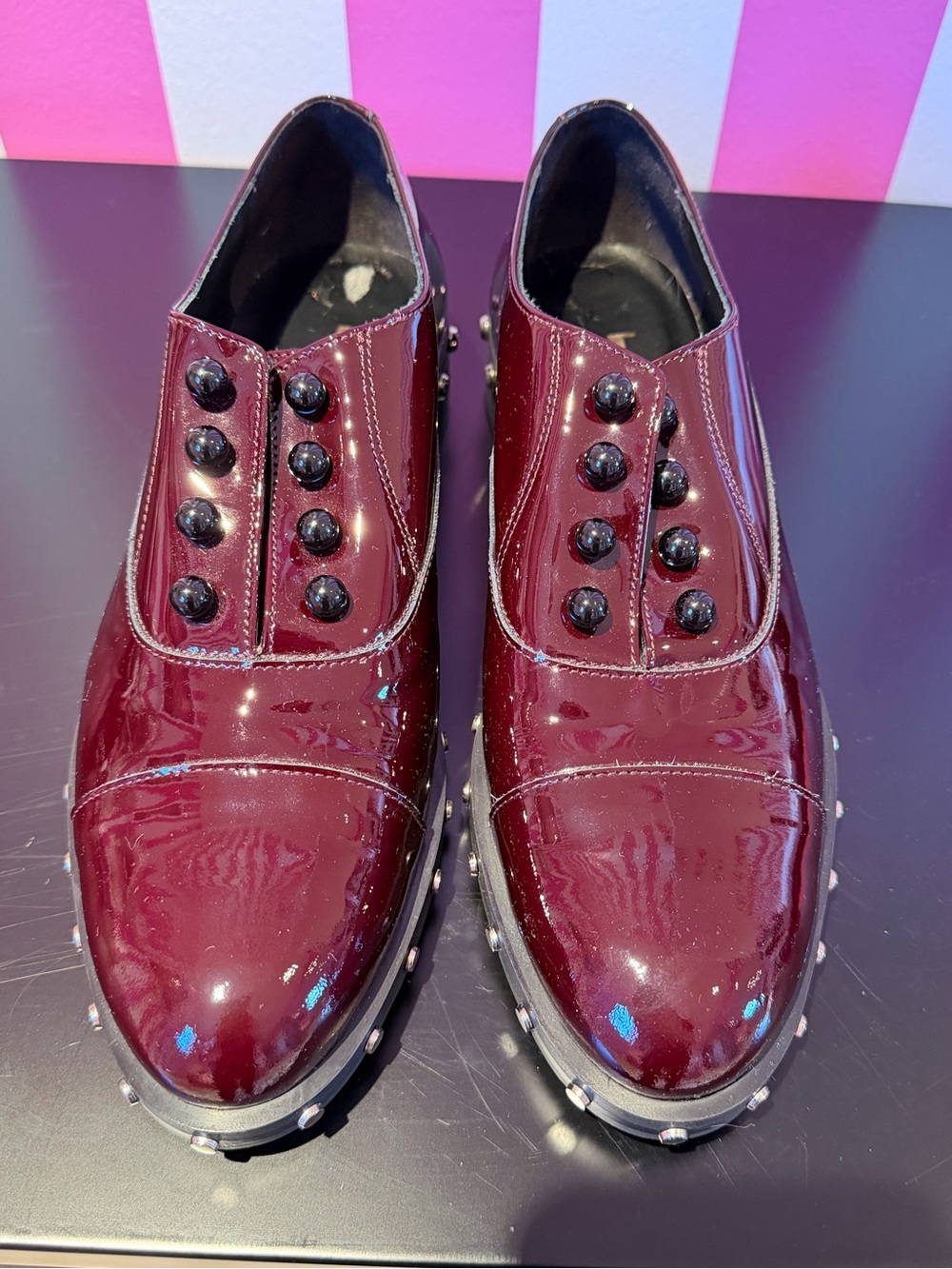 Burgundy Italian Patent Leather Studded Loafers